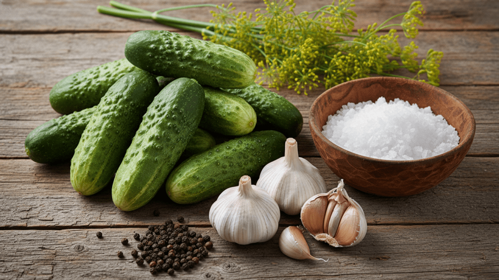 A collage of ingredients: Kirby cucumbers, sea salt, fresh dill, garlic, and peppercorns.