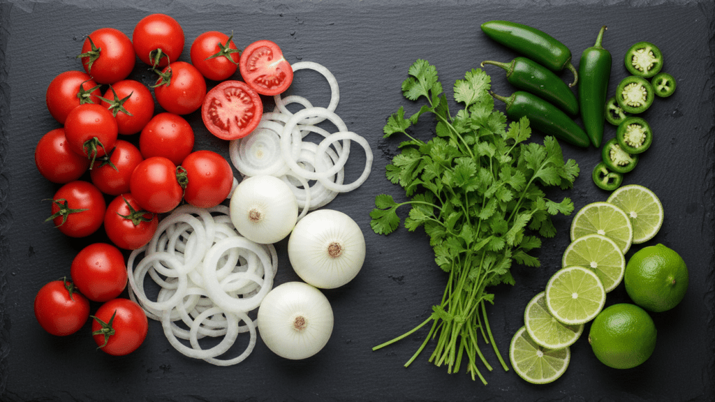 Raw ingredients for making a healthy authentic Mexican Pico de Gallo recipe.