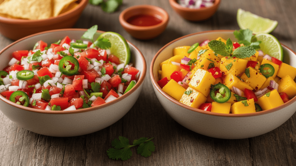 Two different versions of Pico de Gallo including a sweet mango and spicy traditional option.