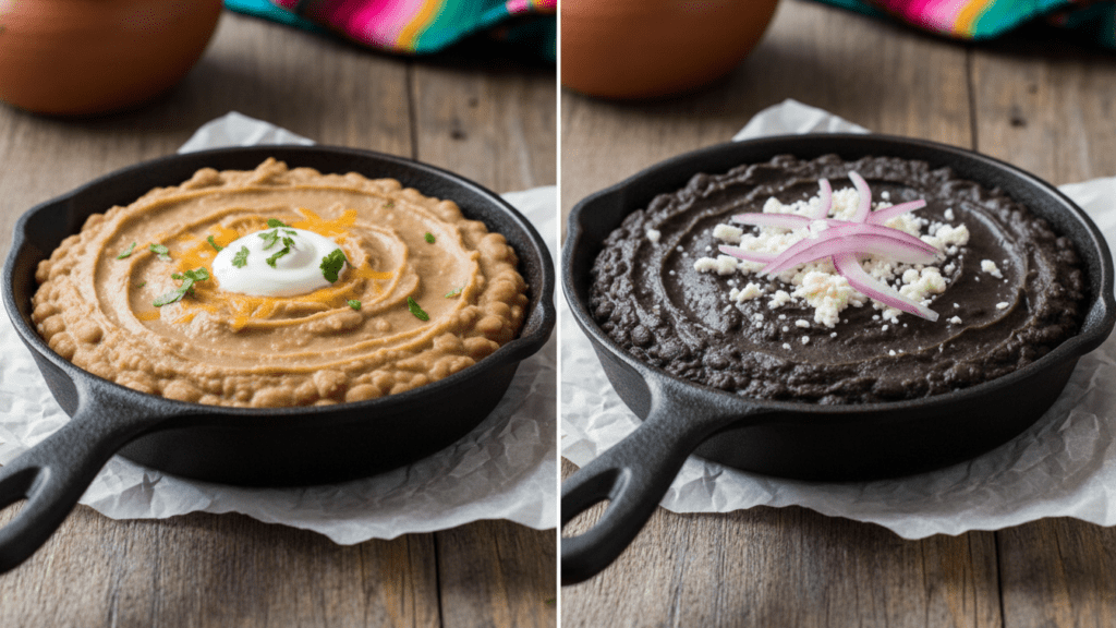 Two different variants of refried beans made with pinto and black beans.