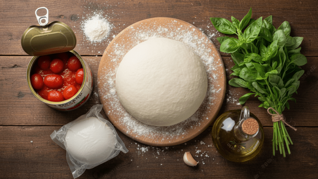 Raw ingredients for making a healthy authentic Italian pizza margherita recipe.