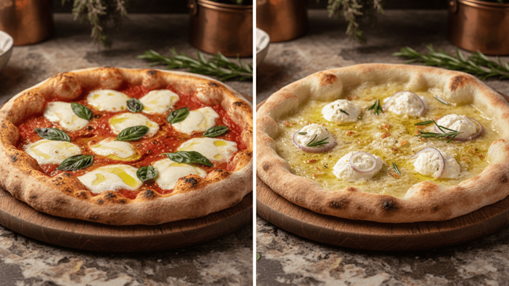 Two different versions of pizza margherita including a white garlic option.