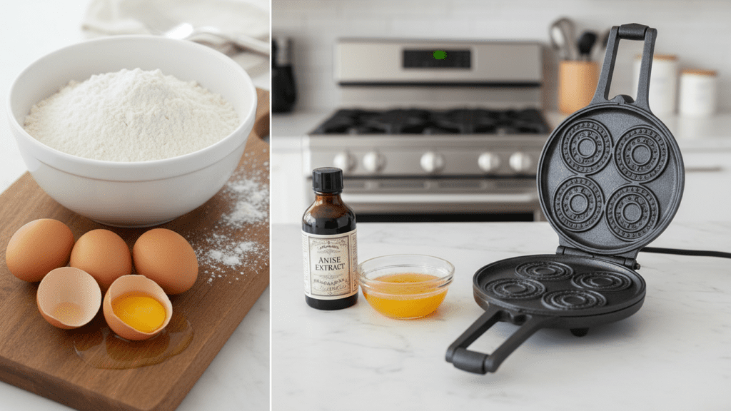 Ingredients collage for making homemade pizzelle cookies.