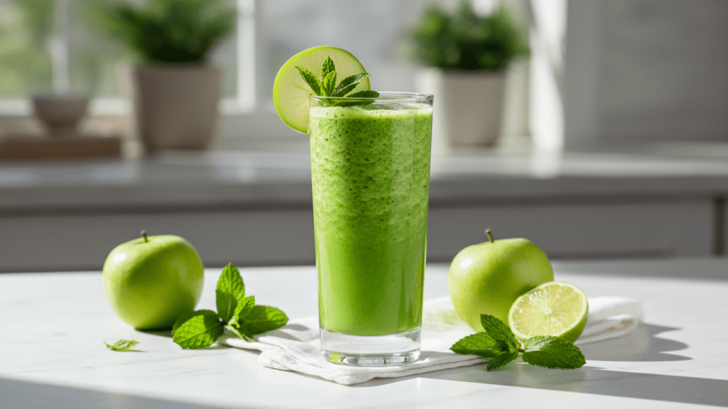 A close-up shot of a creamy green smoothie being poured into a glass, showing the smooth texture.