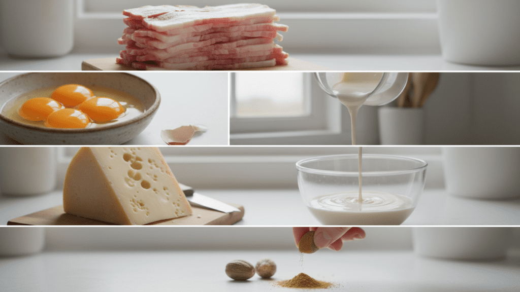 Ingredients for quiche lorraine including bacon, eggs, Gruy&egrave;re cheese, and cream.