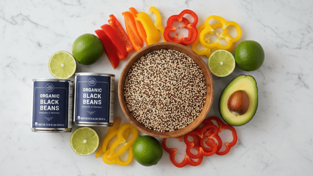 A collage of ingredients: quinoa, black beans, avocado, lime, and bell peppers.