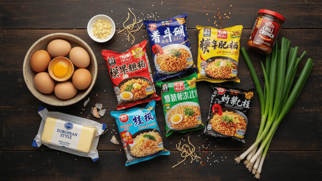 Collage of ramen noodles, eggs, garlic, butter, and green onions.