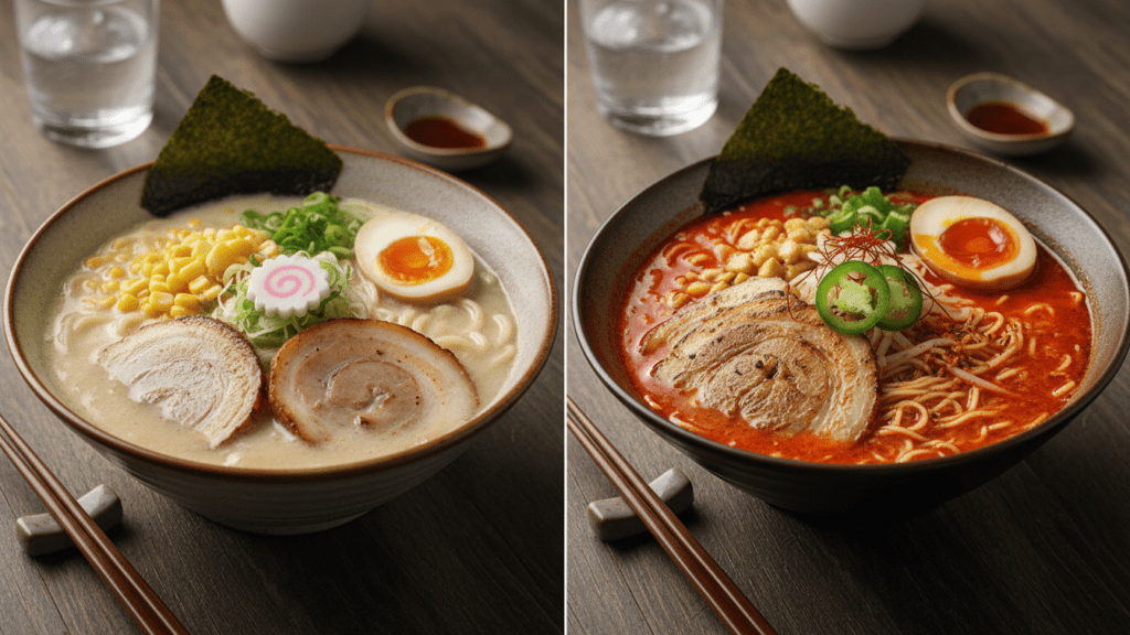 Two bowls of ramen, one creamy and one spicy.
