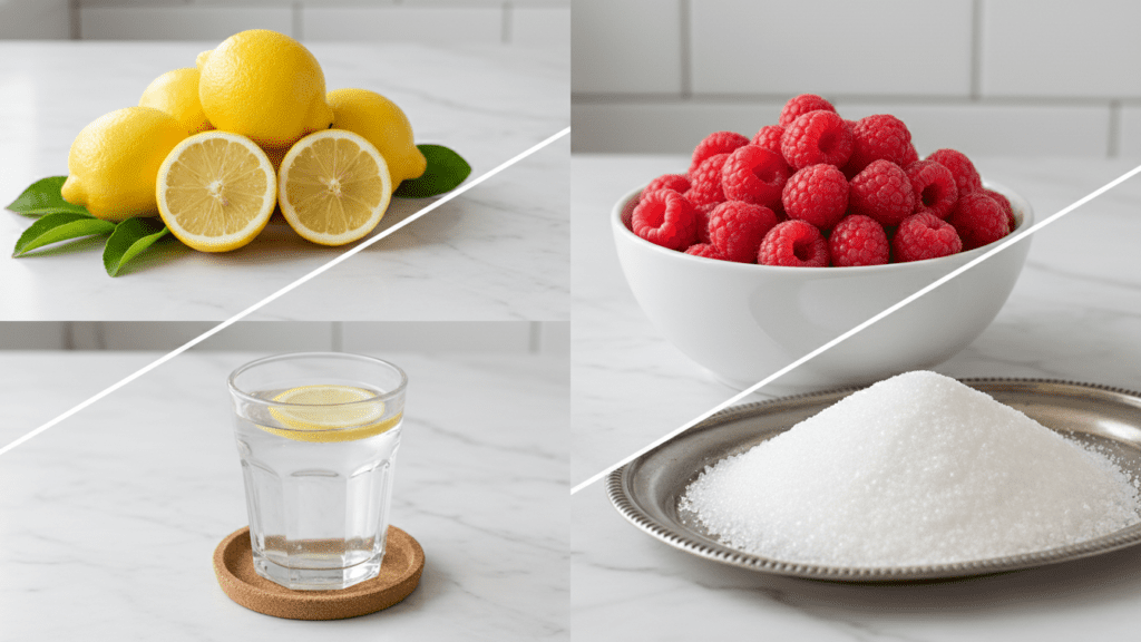 A collage of fresh lemons, raspberries, and sugar for raspberry lemonade.