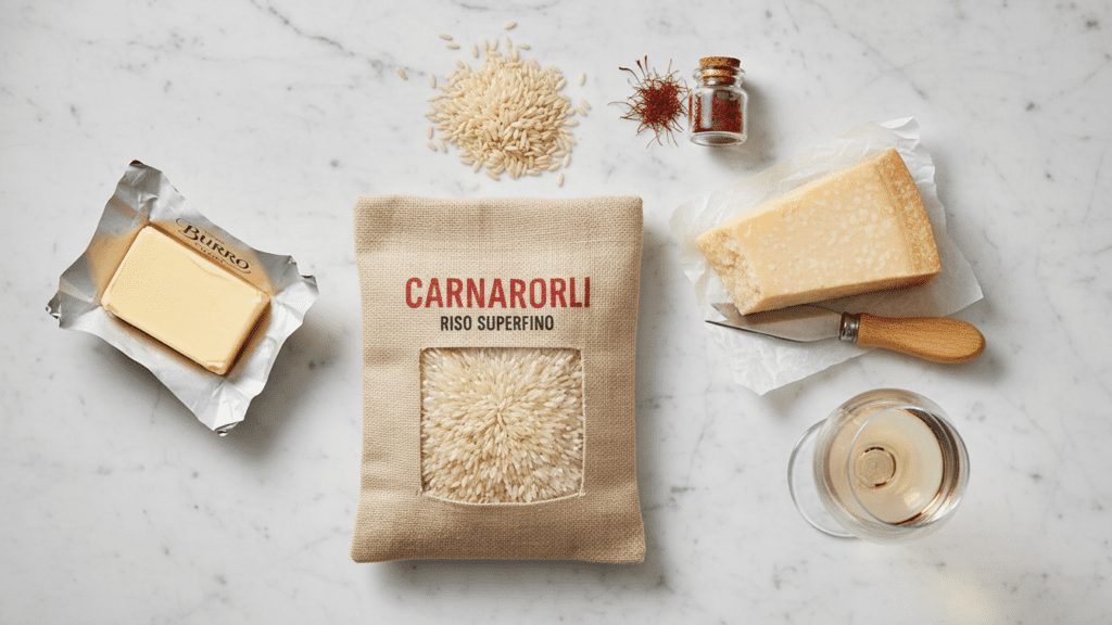 Raw ingredients for making a healthy authentic risotto milanese recipe.