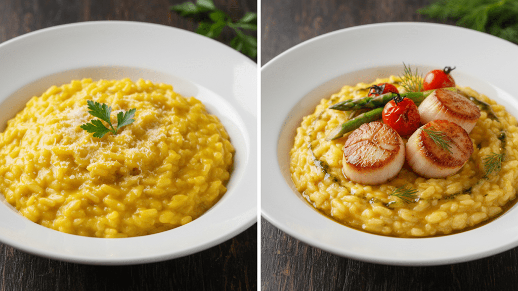Two different versions of risotto milanese including a seafood scallop option.