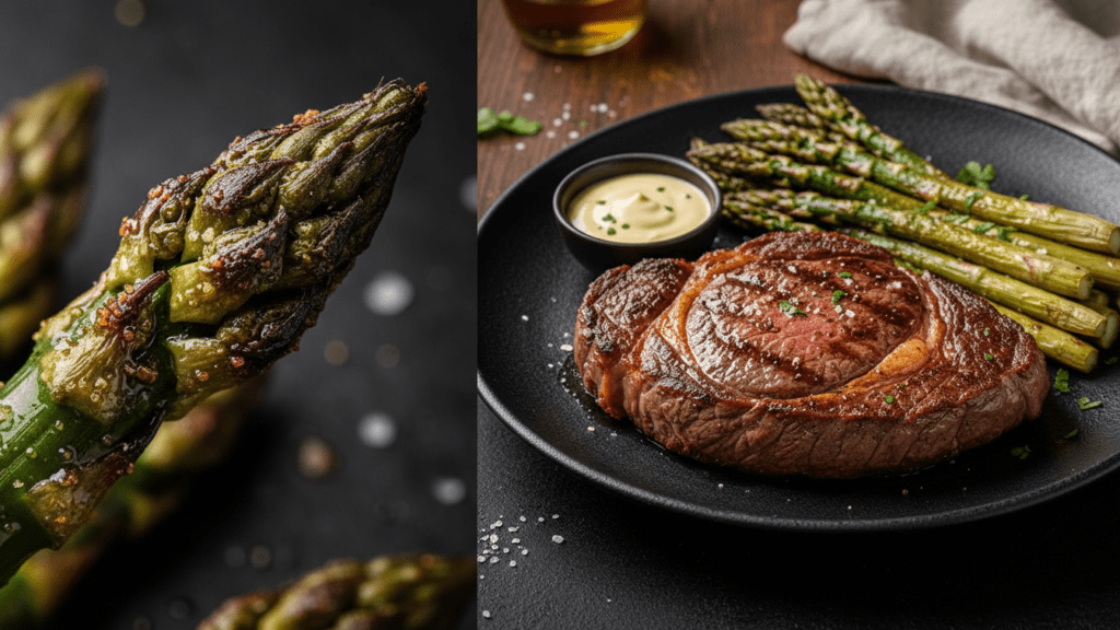 Close up look at charred asparagus tips and a wide shot of asparagus served with steak.