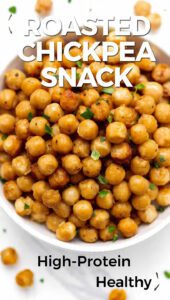 A close-up shot of golden brown roasted chickpeas with spices and text overlay "Roasted Chickpea Snack"