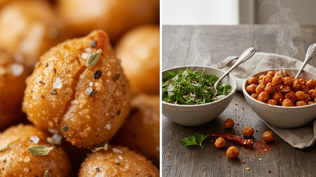 Close up look at a hand holding crunchy chickpeas and a wide shot of two bowls with different spice levels.