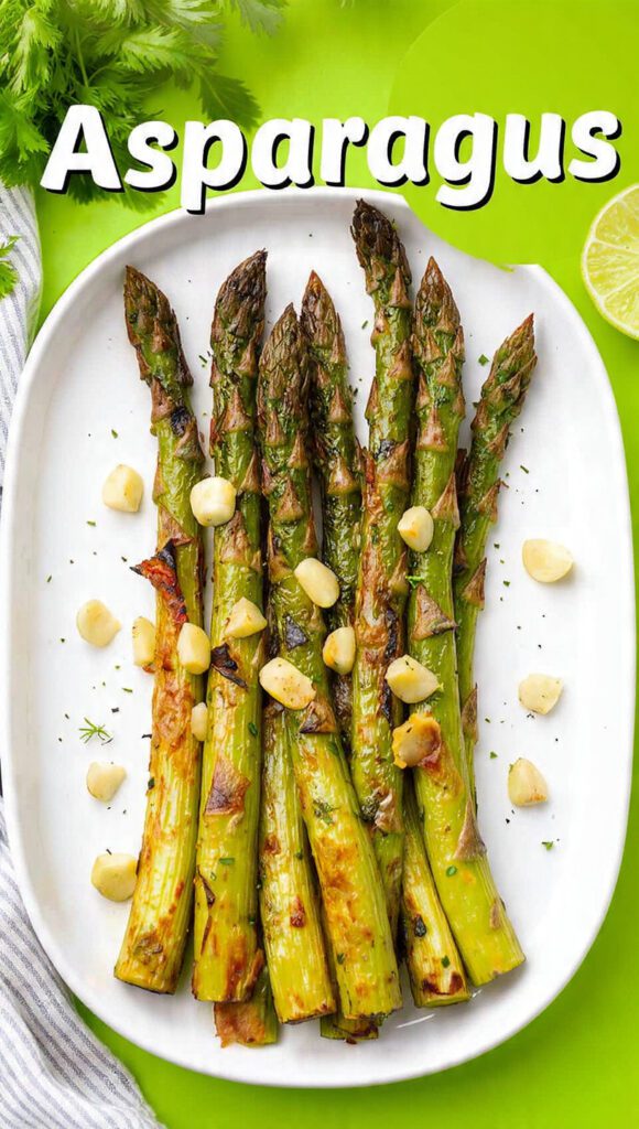 A platter of vibrant green roasted asparagus with charred tips and text overlay "Asparagus"