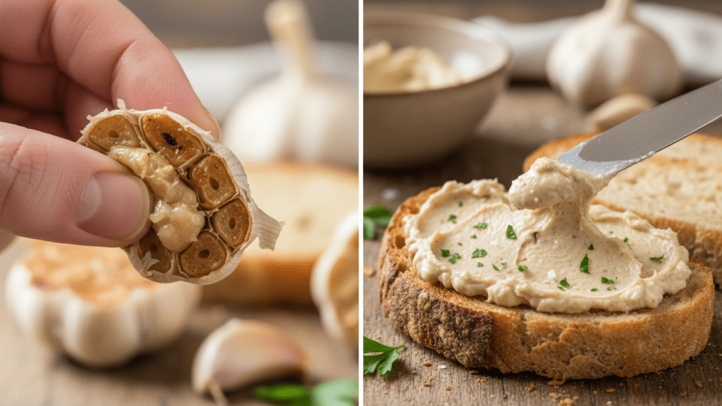 Close up look at a roasted garlic clove being squeezed out and a wide shot of garlic spread on bread.