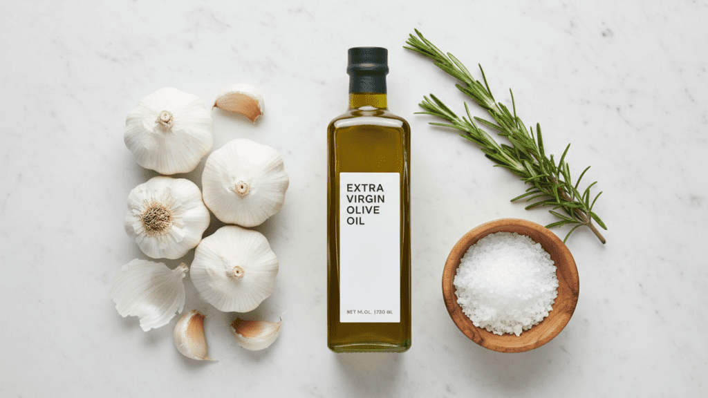 A collage showing whole garlic bulbs, a bottle of olive oil, sea salt, and fresh rosemary sprigs.