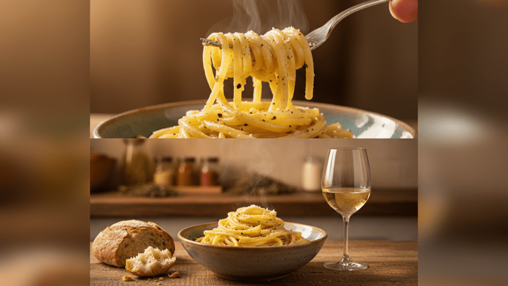 Close up of cacio e pepe and a variant with truffle oil.
