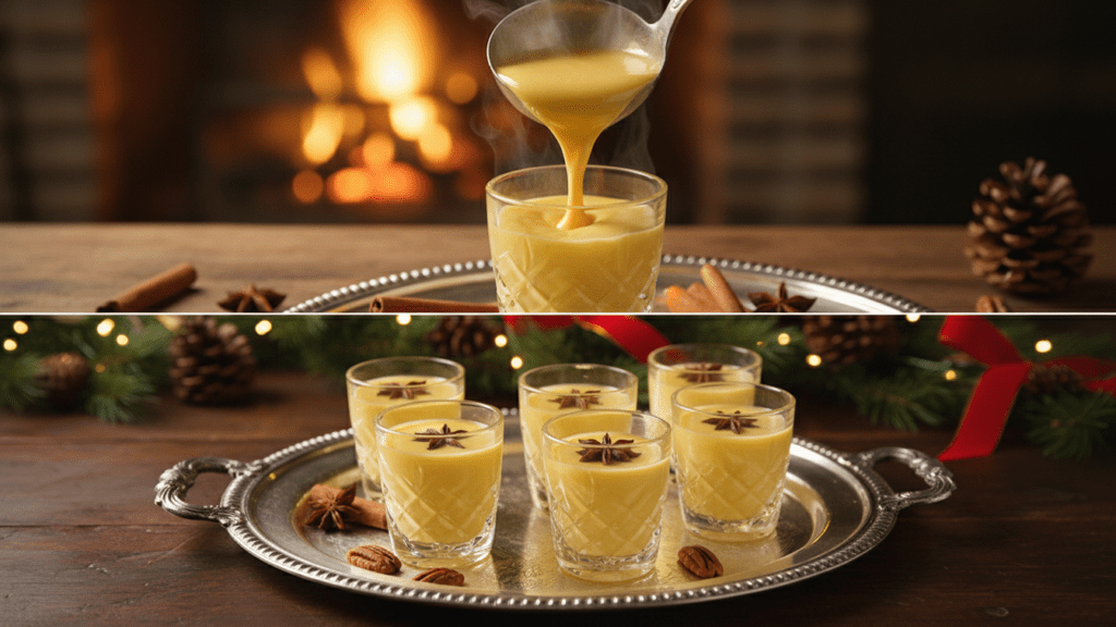 Close up look of rompope poured into small glasses and on a festive tray.