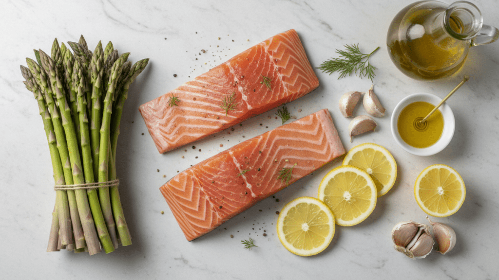A collage of fresh salmon fillets, green asparagus, garlic, lemons, and olive oil