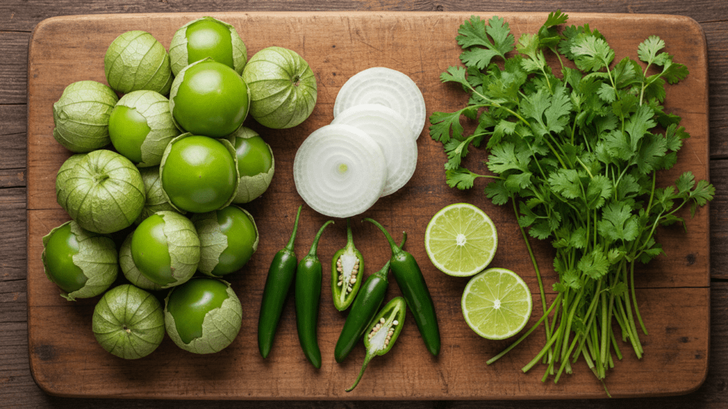 Raw ingredients for making a healthy authentic Mexican Salsa Verde recipe.