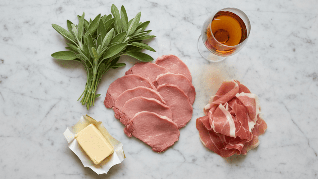 Raw ingredients for making a healthy authentic Roman saltimbocca recipe.