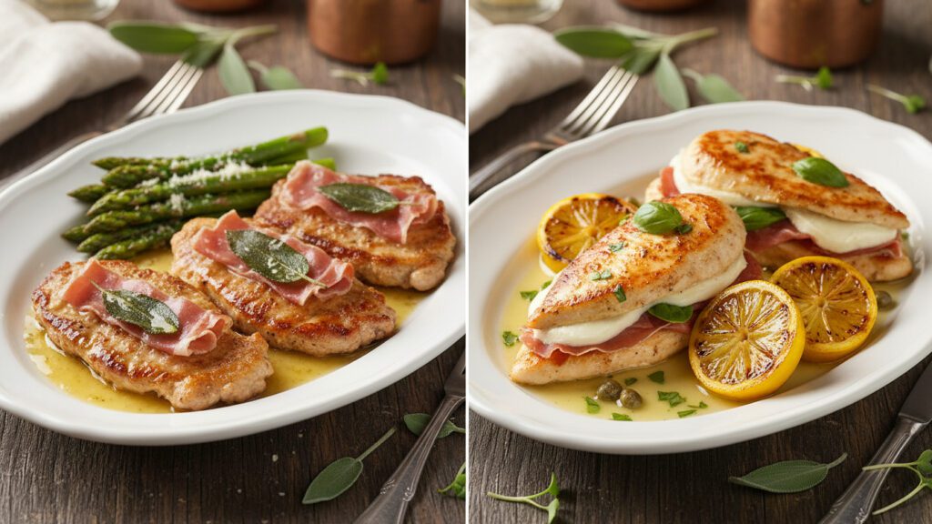 Two different versions of saltimbocca including a chicken-based option.