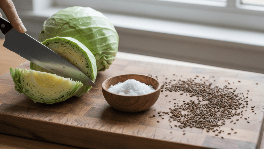 A collage showing a head of cabbage, sea salt, and caraway seeds.