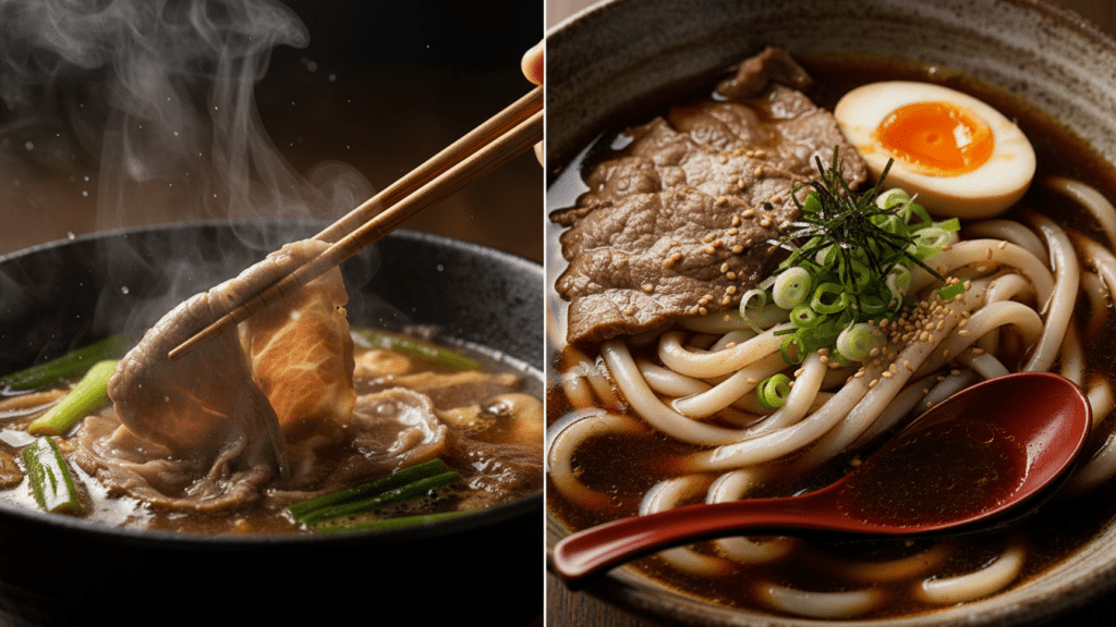 A person swishing meat in a hot pot and a finished bowl of udon noodles.