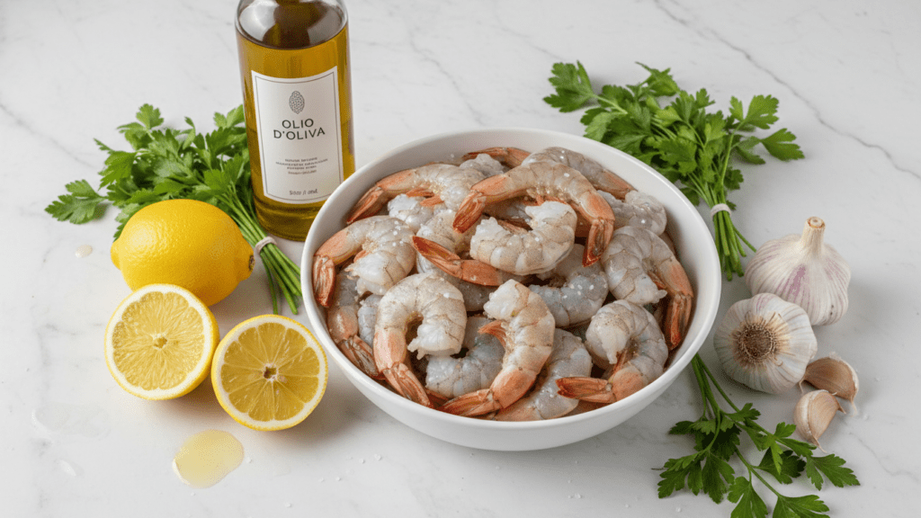 A collage of ingredients: jumbo shrimp, lemons, garlic, olive oil, and fresh herbs.
