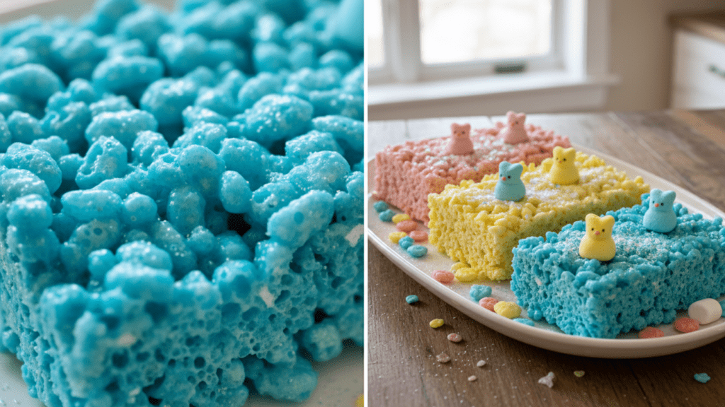 Close up look at a pink peeps rice krispie treat and a wide shot of a platter of colorful treats.