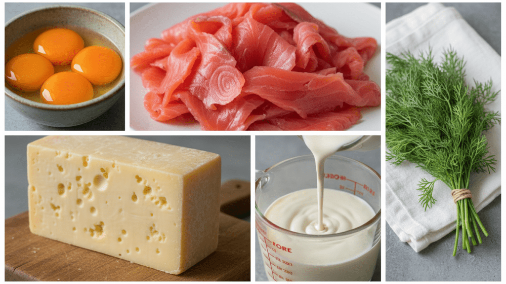 A collage of fresh ingredients for smoked salmon quiche including eggs, cream, and lox.