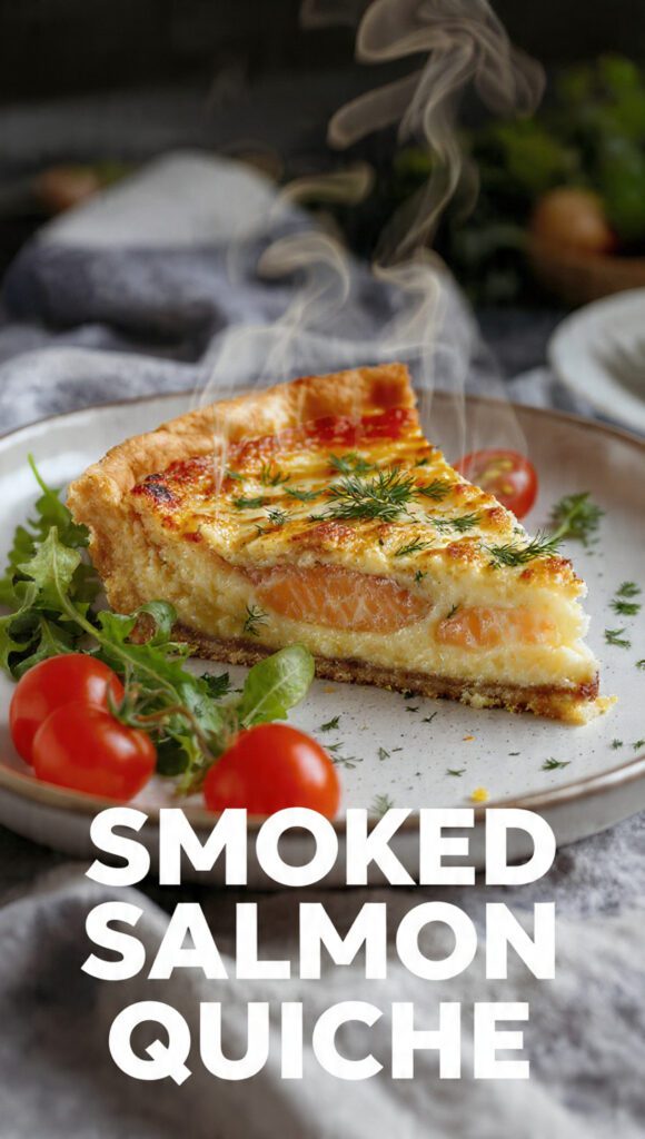 A close-up shot of a golden-brown smoked salmon quiche with a bold text overlay