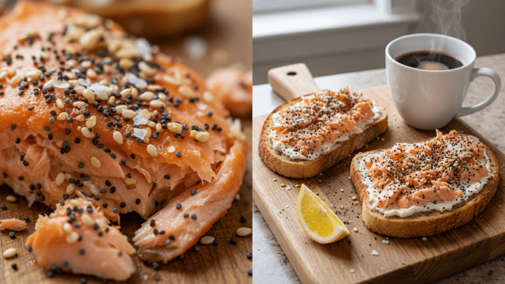 Close up and lifestyle shots of finished smoked salmon avocado toast.