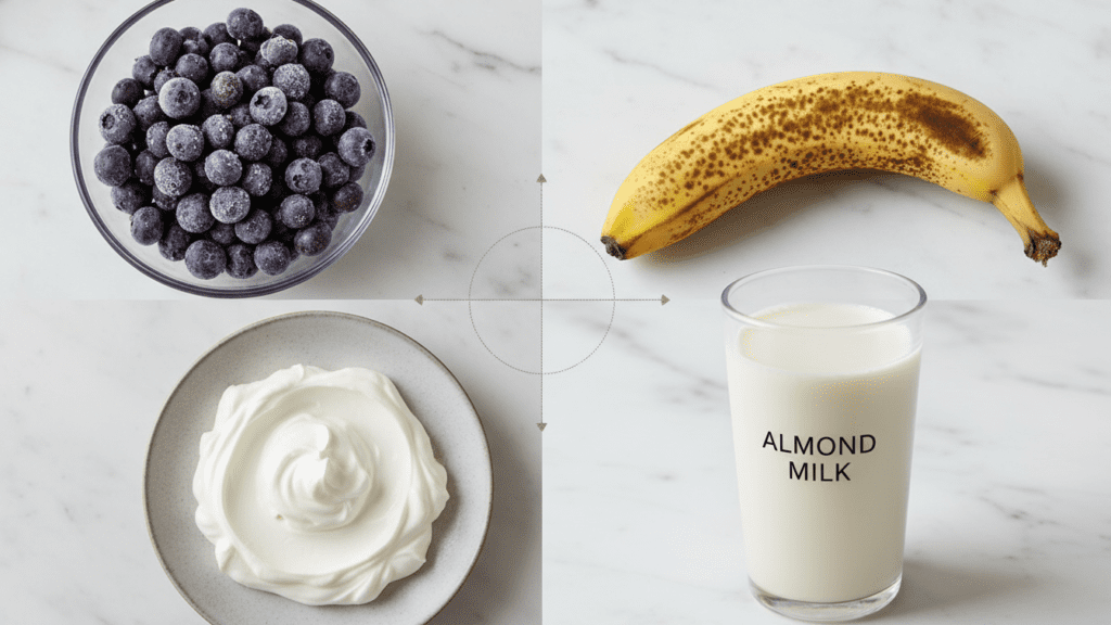 A collage of ingredients including frozen blueberries, a ripe banana, Greek yogurt, and almond milk.