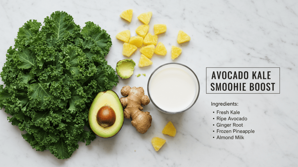 A collage of ingredients including kale leaves, a halved avocado, ginger, and pineapple chunks