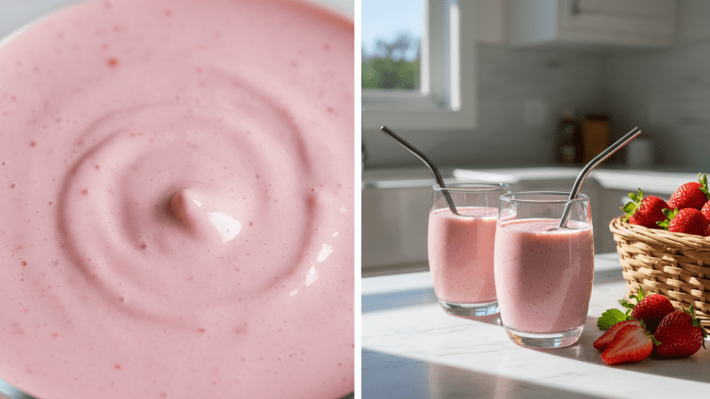 Close up look at the velvety texture of a pink smoothie and a wide shot of two smoothie glasses.
