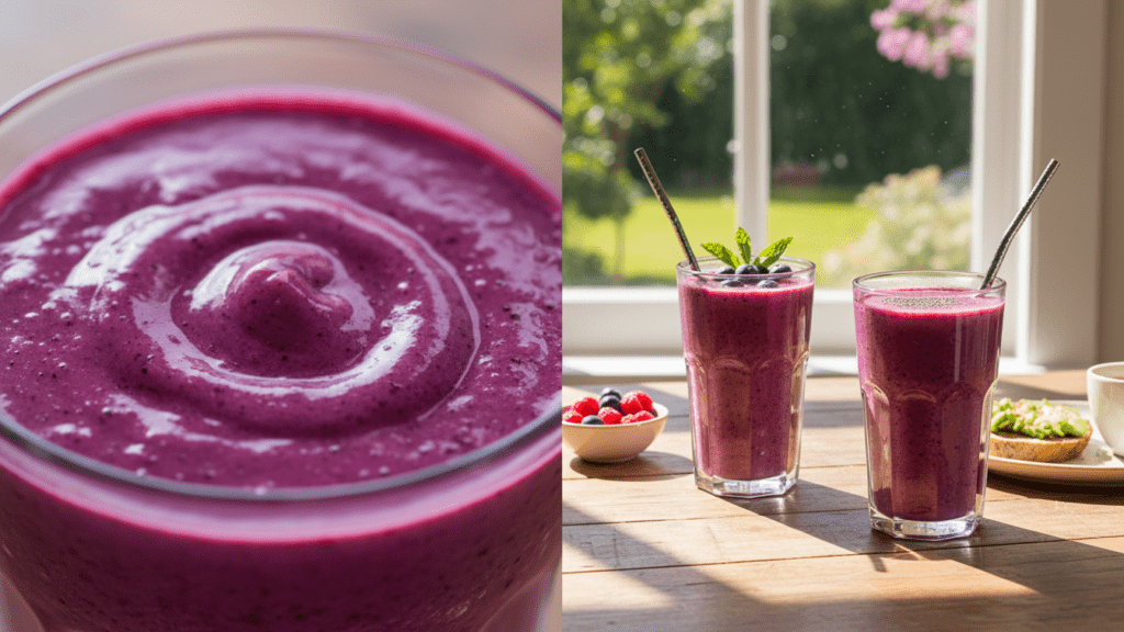 Close up look at the creamy texture of a smoothie and a wide shot of two smoothie glasses.