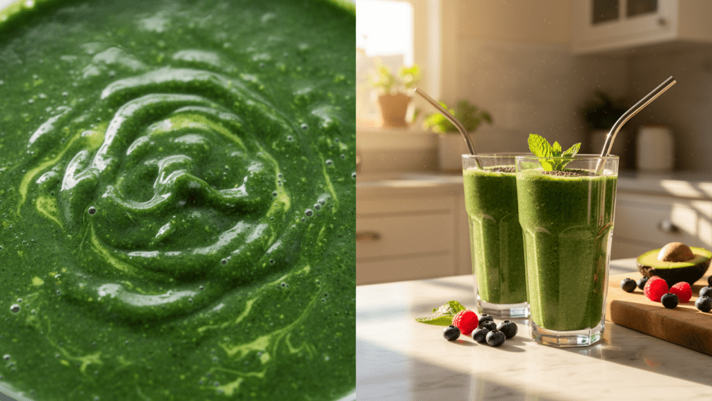 Close up look at the velvety texture of a green smoothie and a wide shot of two smoothie glasses