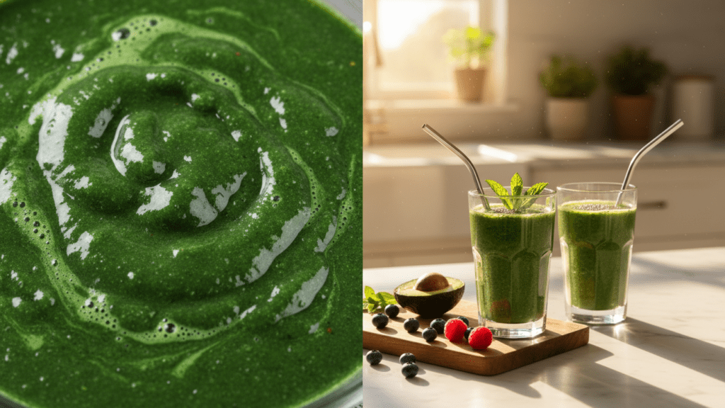 Close up look at the velvety texture of a green smoothie and a wide shot of two glasses.