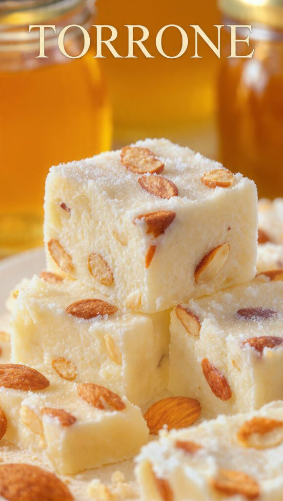 Slices of white Italian torrone with nuts on a marble board with text overlay.