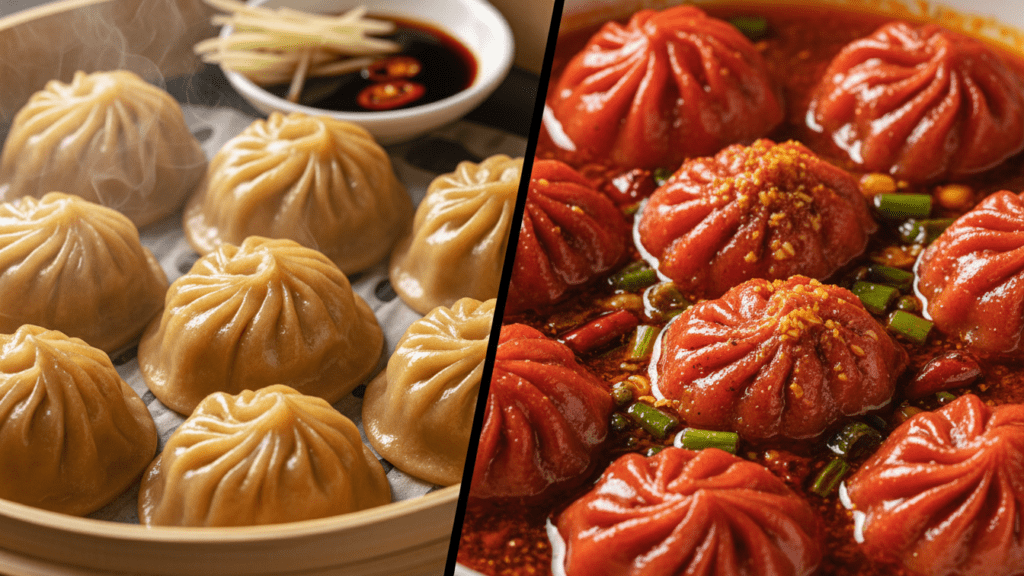 Different types of homemade soup dumplings in a steamer.)