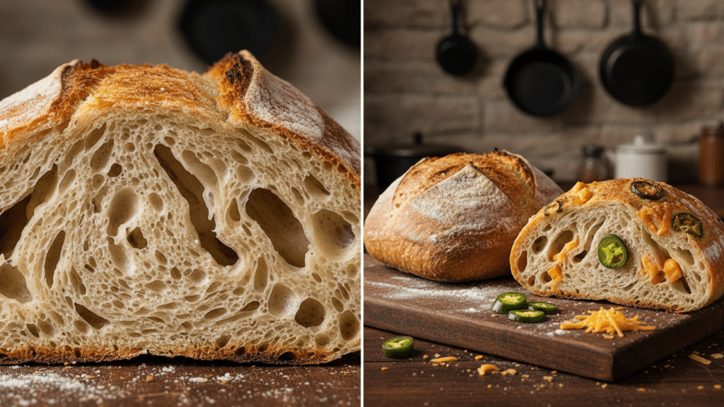 Close up of a slice of sourdough showing air pockets and a wide shot of two different loaves