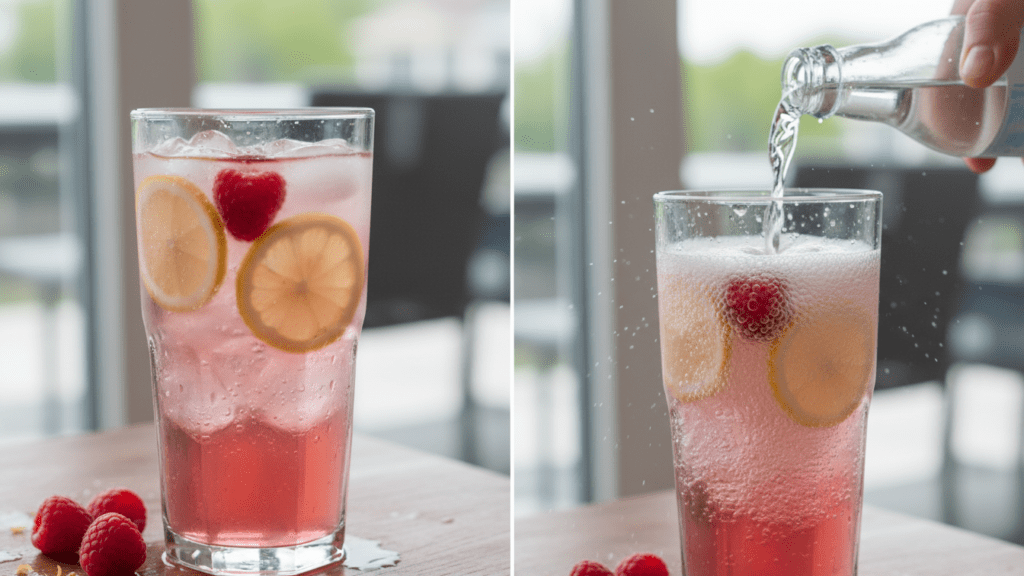 A close-up of a sparkling raspberry lemonade in a glass with ice and garnishes