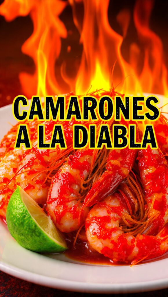 A sizzling pan of red spicy camarones a la diabla garnished with cilantro.