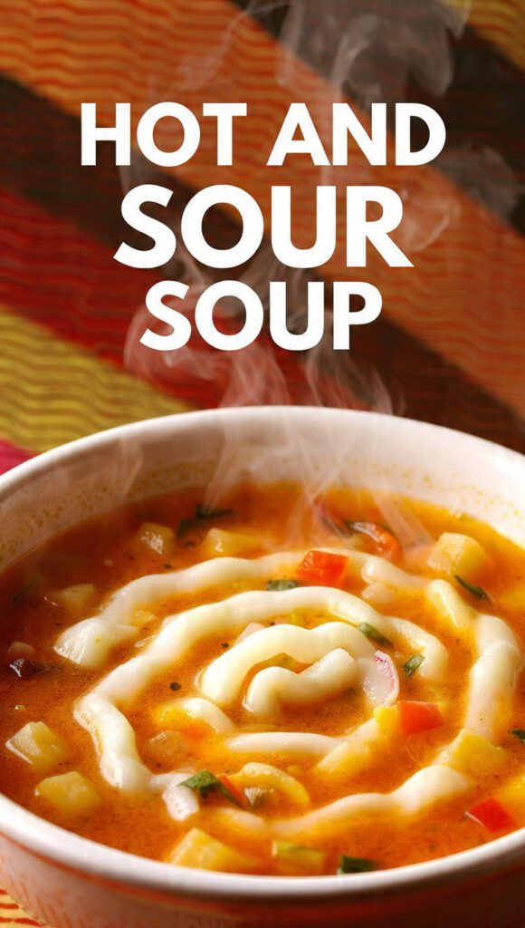 A steaming bowl of hot and sour soup with egg ribbons and green onions.
