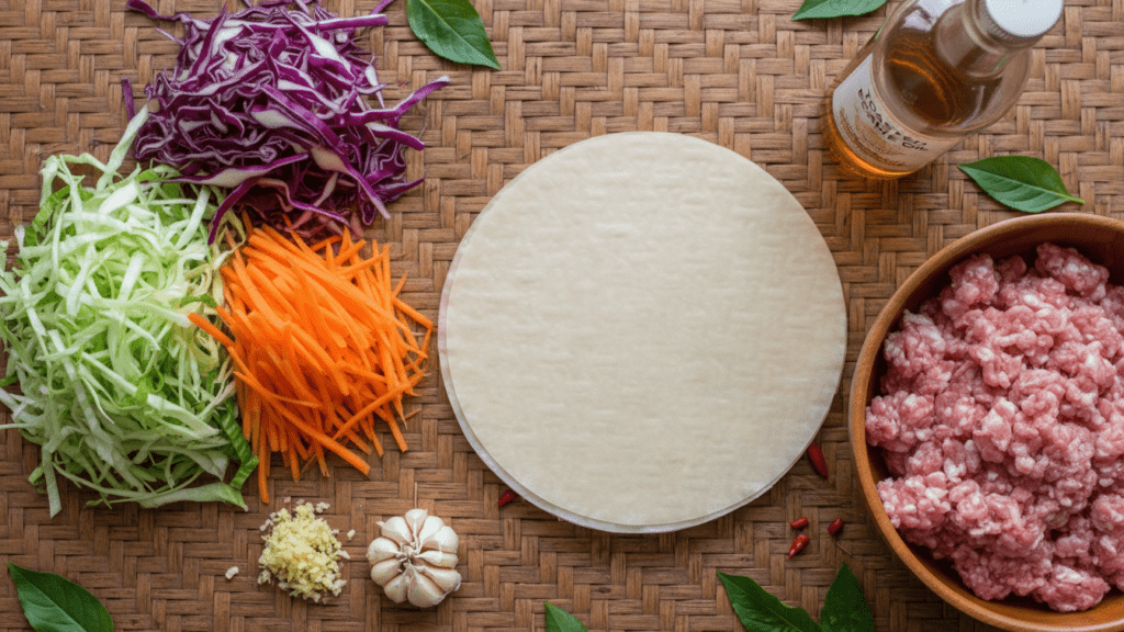 Raw ingredients for making healthy authentic Asian spring rolls at home.