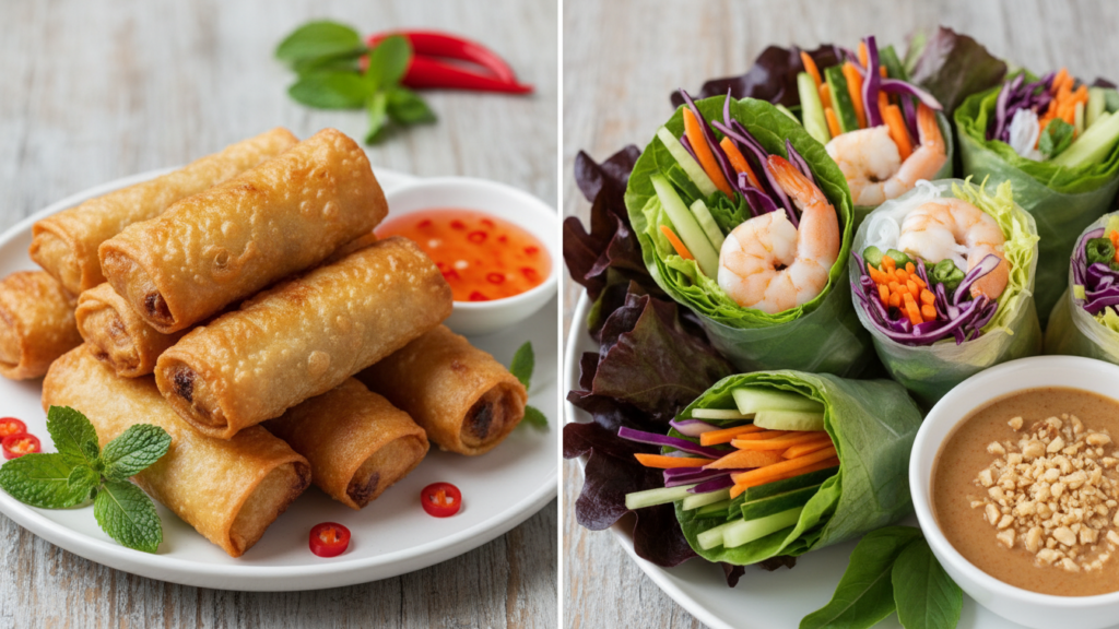 Two different versions of spring rolls including a low-carb lettuce wrap option.