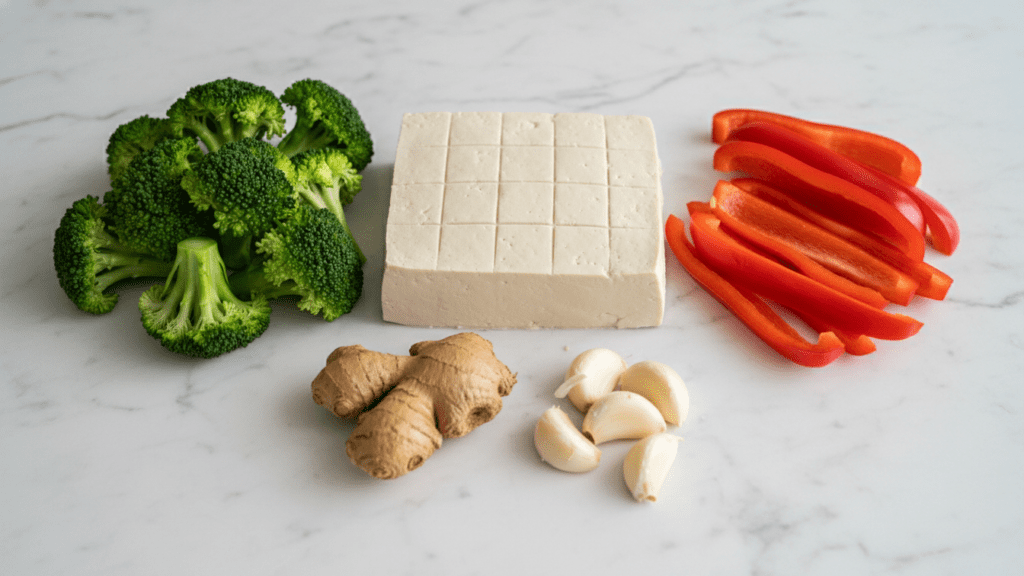 A collage of ingredients: extra firm tofu, broccoli, red bell pepper, ginger, and garlic.