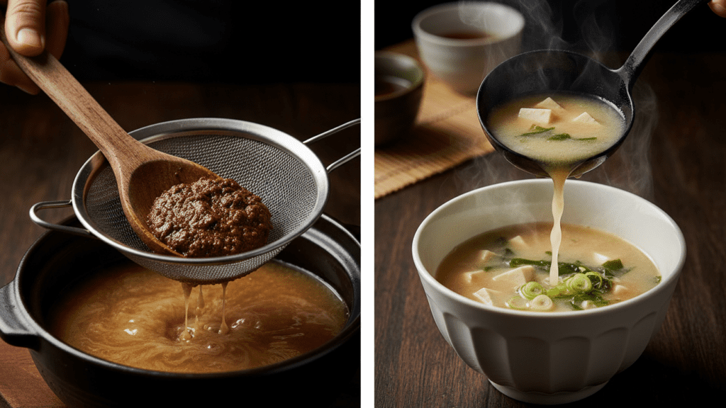 A close-up shot of a person using a mesh strainer to dissolve miso paste into a pot of broth.